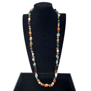 Vintage Beggars Bead Necklace Polished Mixed Stones Rich Colors 34" Long